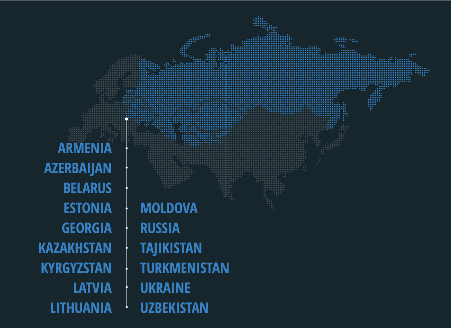 Armenia, Azerbaijan, Belarus, Estonia, Georgia , Kazakhstan, Kyrgyzstan , Latvia,Lithuania , Moldova, Russia , Tajikistan, Turkmenistan , Ukraine , Uzbekistan